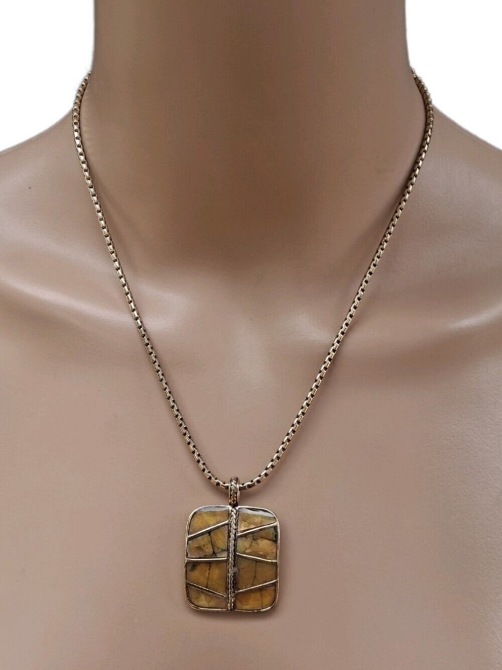 Vintage Monet Gold Tone Iridescent Mosaic Shell Pendant Box Chain Necklace